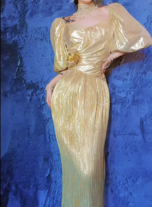 Vintage Gold Square Neck Sheath Chiffon Long Prom Dresses Formal Evening Gowns ED02855