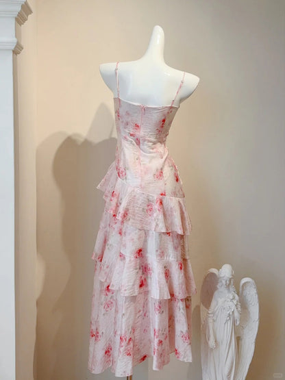 Sweet Spaghetti Straps Printed Chiffon A-Line Long Prom Dresses Pretty Evening Gowns ED02856