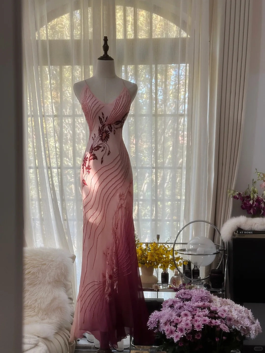 Elegant Pink Spaghetti Straps Mermaid Chiffon Beading Long Prom Dresses Vintage Evening Gowns ED02860