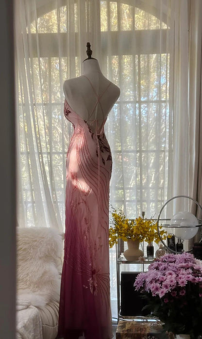 Elegant Pink Spaghetti Straps Mermaid Chiffon Beading Long Prom Dresses Vintage Evening Gowns ED02860