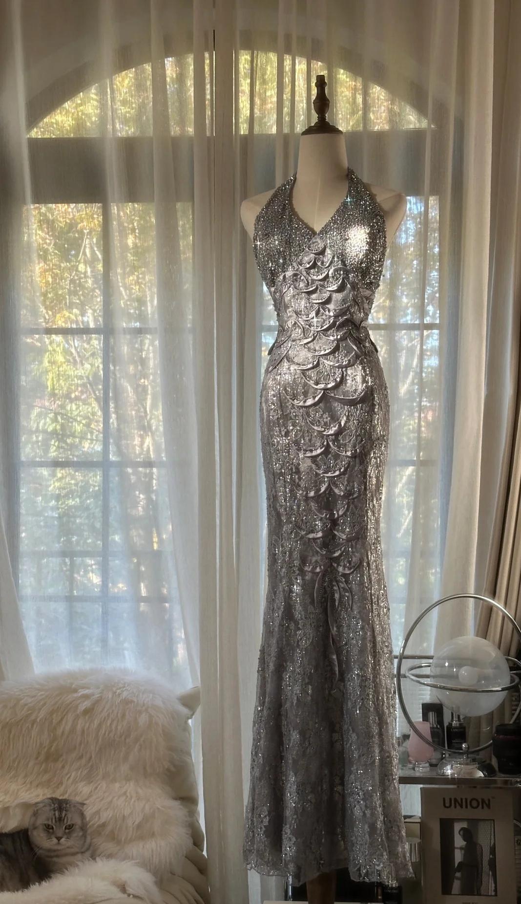 Stunning Grey V-Neck Mermaid Lace Beading Long Prom Dresses Vintage Evening Gowns ED02858