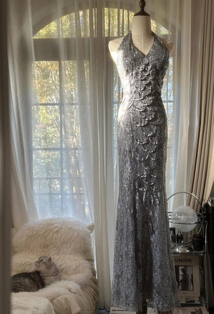 Stunning Grey V-Neck Mermaid Lace Beading Long Prom Dresses Vintage Evening Gowns ED02858