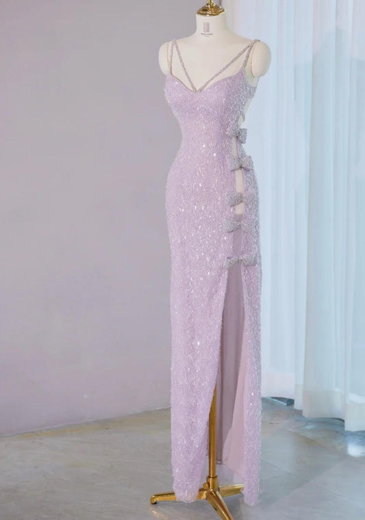 Stunning Light Purple V-neck Sheath Lace Beading Long Prom Dresses Formal Evening Gowns with Slits ED02860