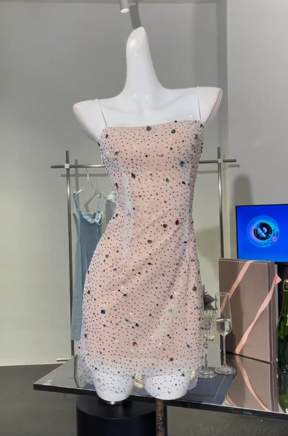 Stunning Spaghetti Straps Champagne Sheath Tulle Diamond Short Party Dresses Homecoming Dresses ED02863