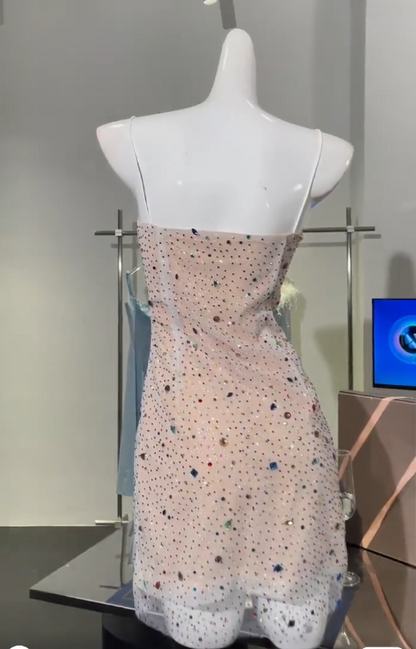 Stunning Spaghetti Straps Champagne Sheath Tulle Diamond Short Party Dresses Homecoming Dresses ED02863