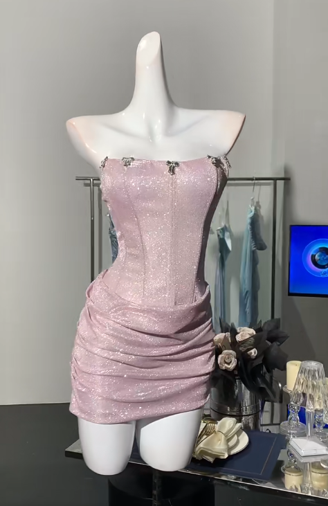 Sweet Pink Strapless Bodycon Glitter Satin Short Party Dresses Homecoming Dresses ED02866