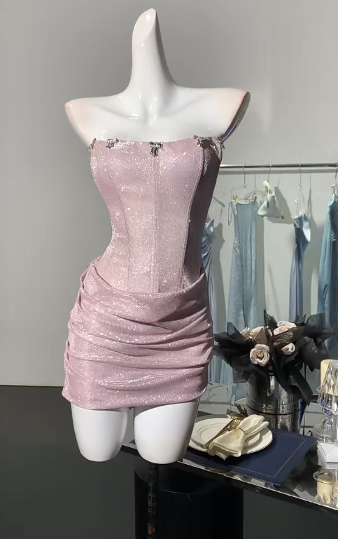Sweet Pink Strapless Bodycon Glitter Satin Short Party Dresses Homecoming Dresses ED02866