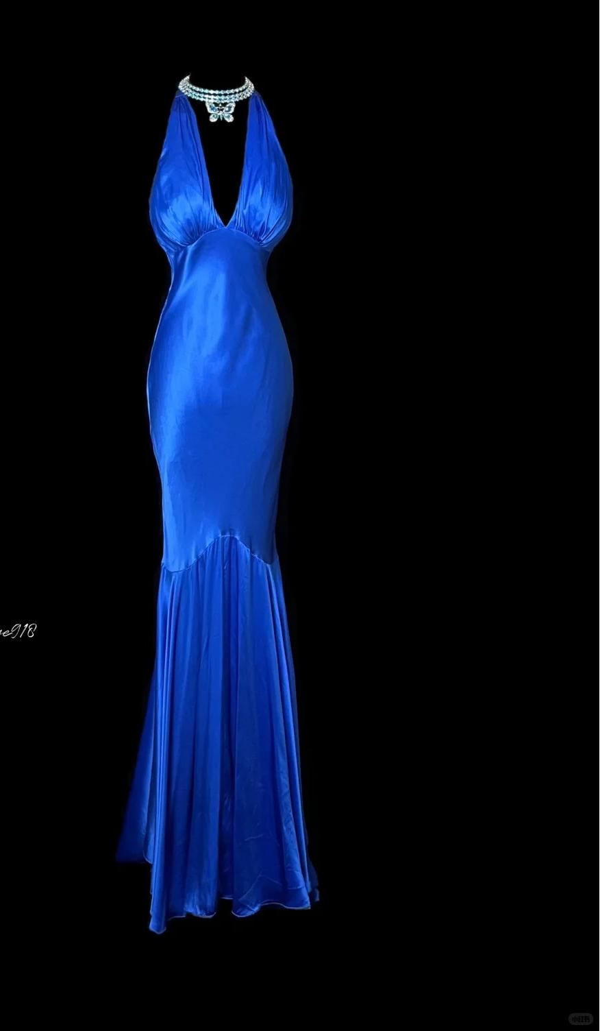 Stunning Blue V Neck Mermaid Satin Long Prom Dresses Formal Evening Gowns with Open Back ED02877