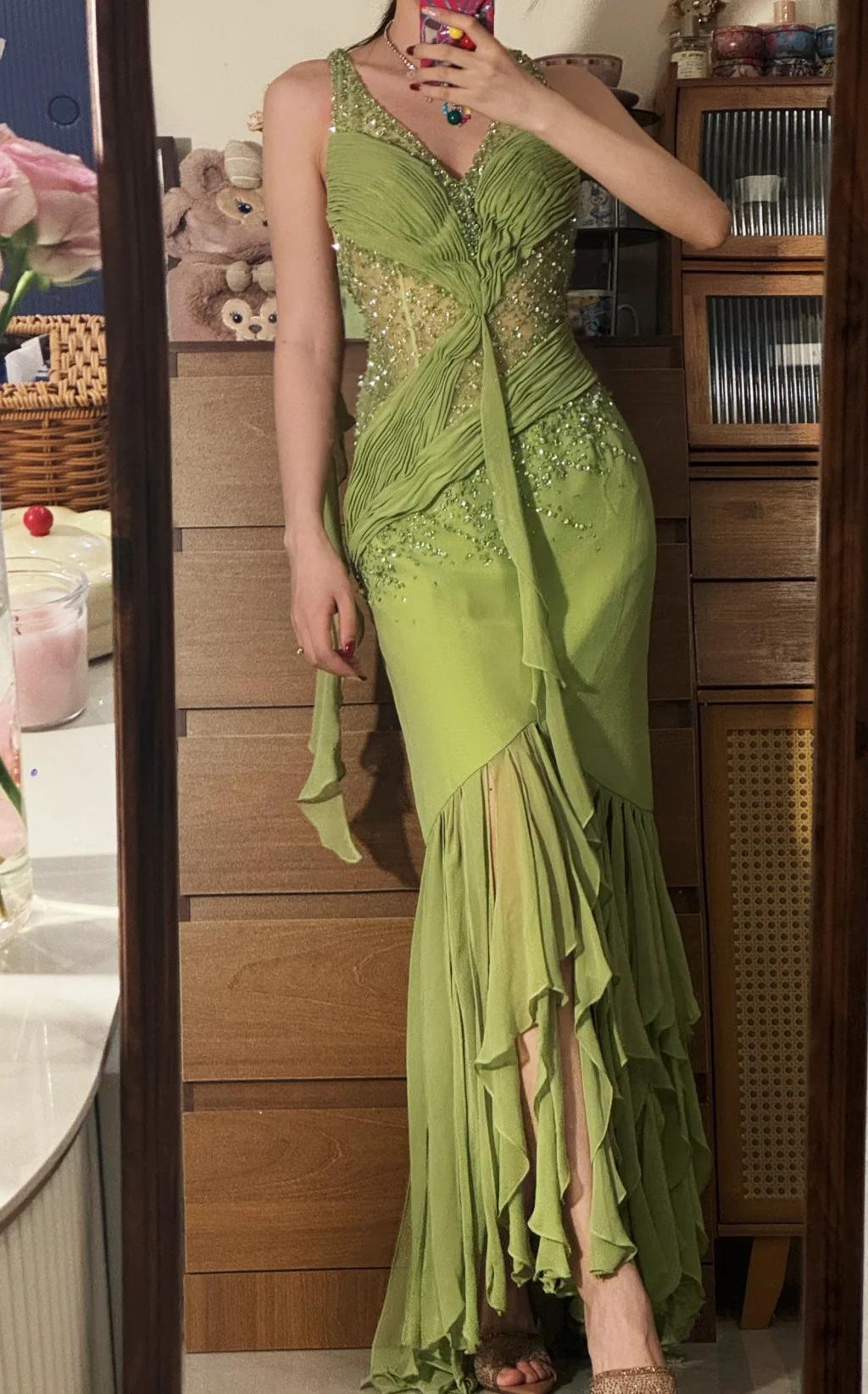 Vintage Olive Green V-Neck Sheath  Beaded Chiffon Long Prom Dresses Formal Evening Gowns ED02878