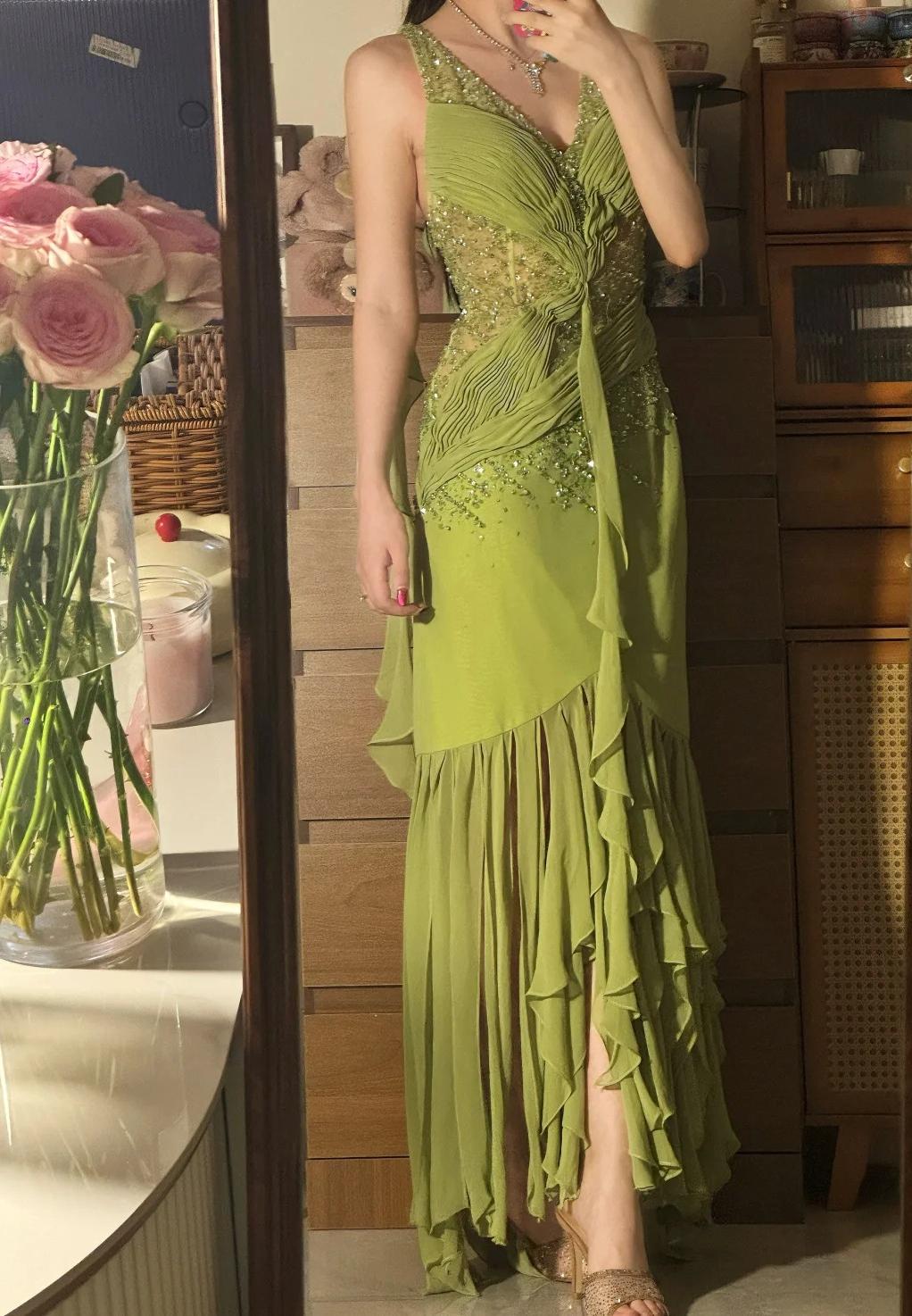 Vintage Olive Green V-Neck Sheath  Beaded Chiffon Long Prom Dresses Formal Evening Gowns ED02878