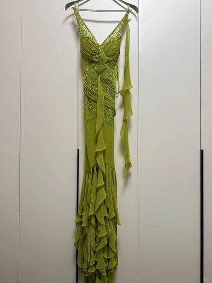 Vintage Olive Green V-Neck Sheath  Beaded Chiffon Long Prom Dresses Formal Evening Gowns ED02878