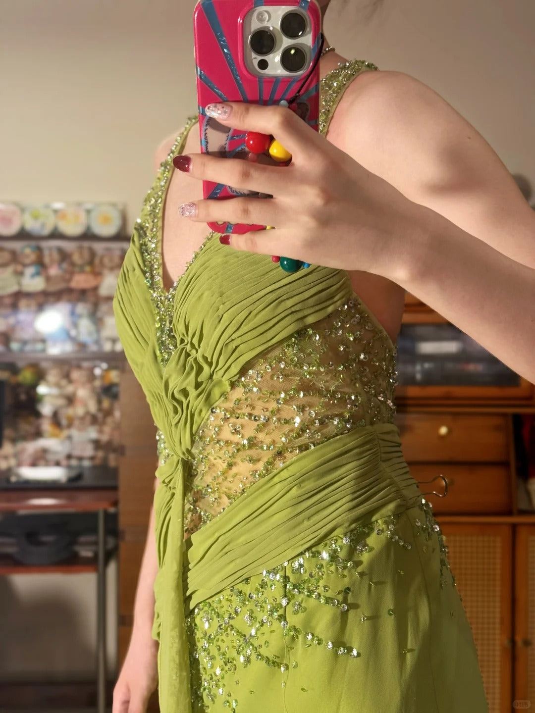 Vintage Olive Green V-Neck Sheath  Beaded Chiffon Long Prom Dresses Formal Evening Gowns ED02878