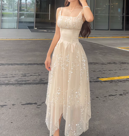 Gorgeous Apricot Square Neck A-Line Tulle Sequins Long Prom Dresses Birthday Evening Dress Gowns ED02879