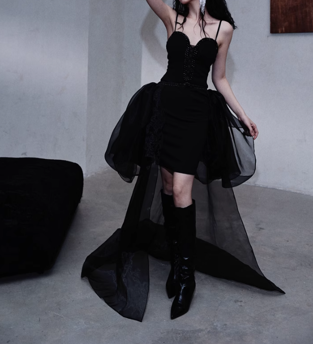 Fashion Black Spaghetti Straps A-Line Tulle Hi-Lo Prom Dresses Birthday Party Dresses ED02881