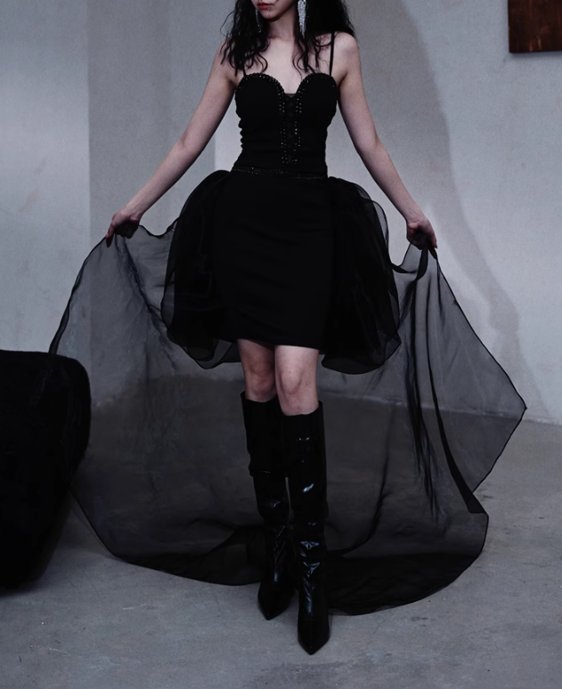 Fashion Black Spaghetti Straps A-Line Tulle Hi-Lo Prom Dresses Birthday Party Dresses ED02881