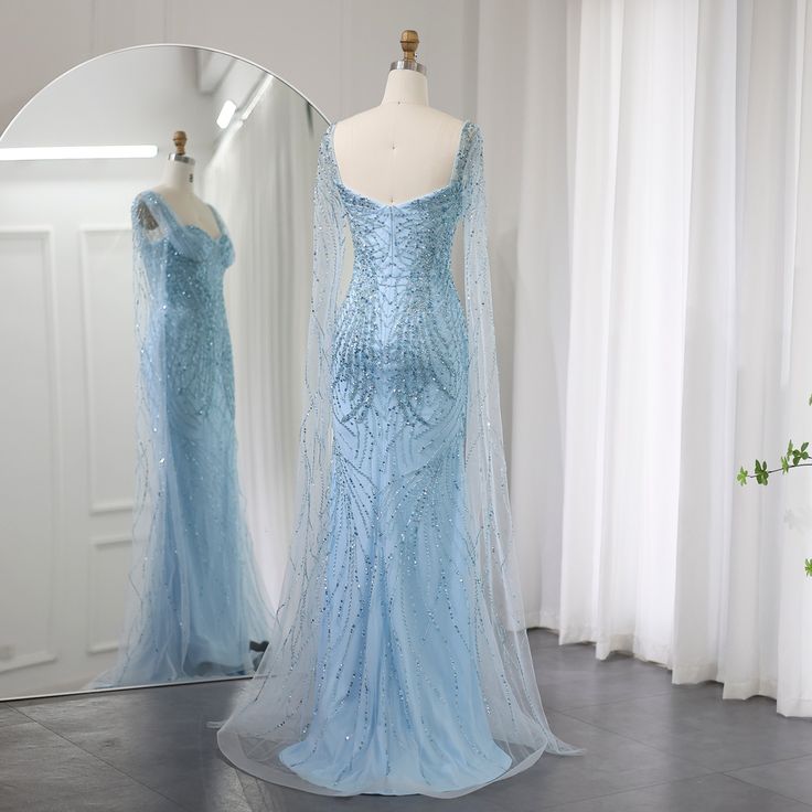 Elegant Blue Sweetheart Mermaid Tulle Beading Long Prom Dresses Formal Evening Gowns ED02885