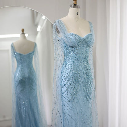 Elegant Blue Sweetheart Mermaid Tulle Beading Long Prom Dresses Formal Evening Gowns ED02885