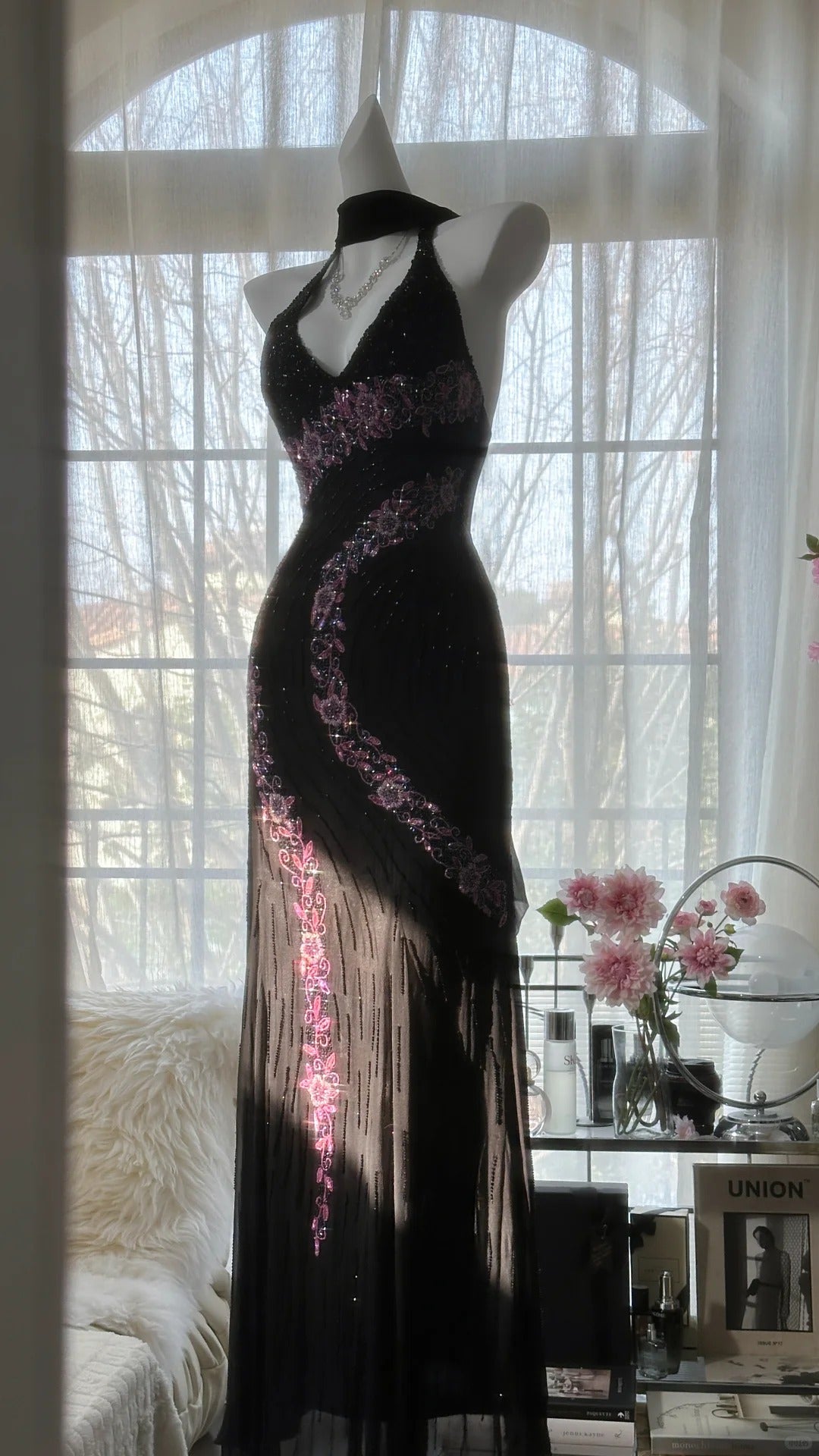 Elegant Black V-neck Sheath Chiffon Beading Long Prom Dresses Vintage Evening Gowns ED02887