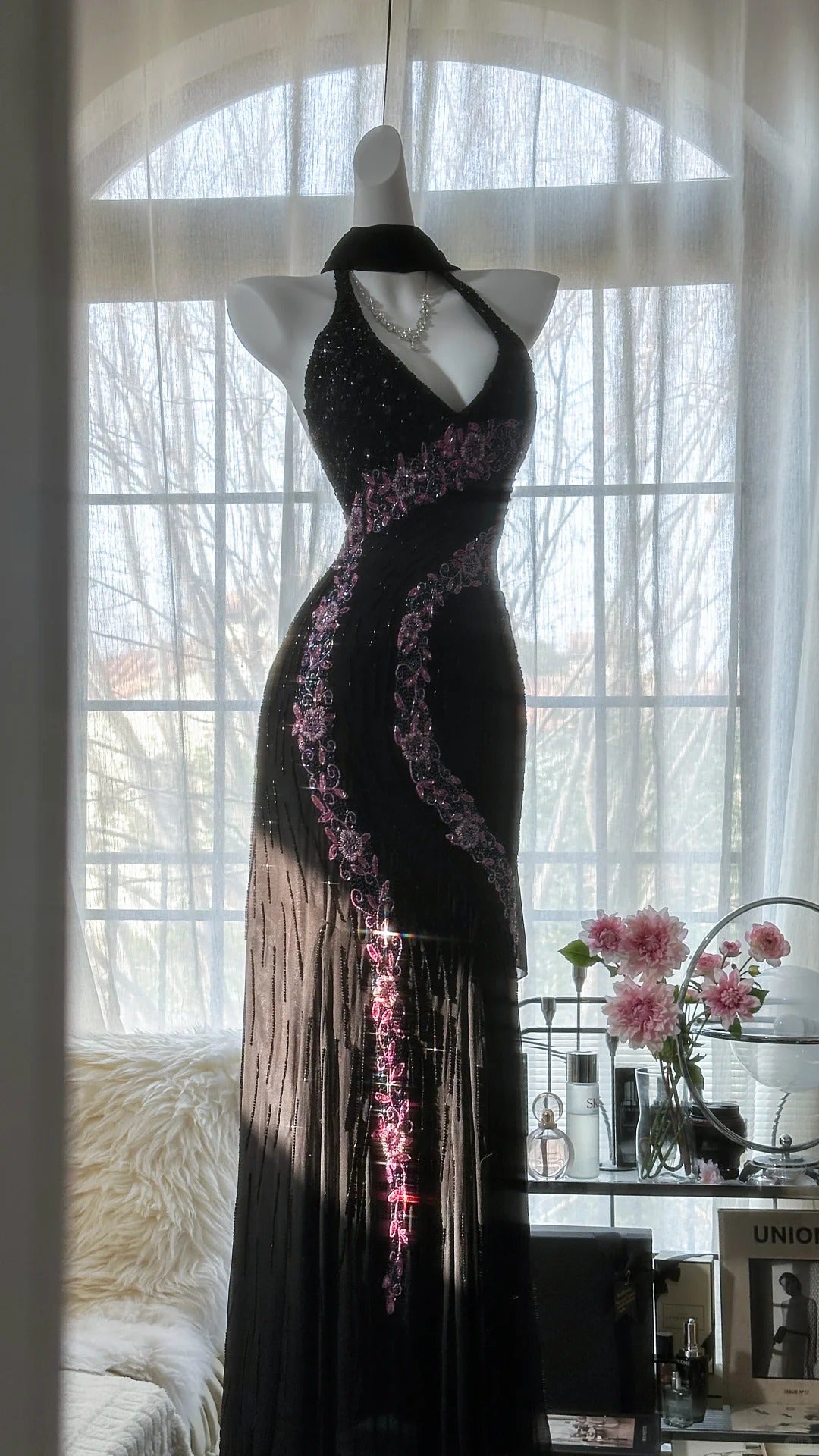 Elegant Black V-neck Sheath Chiffon Beading Long Prom Dresses Vintage Evening Gowns ED02887