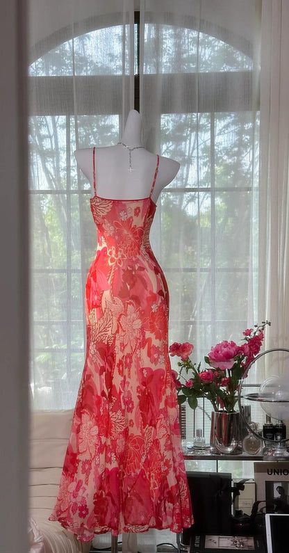 Gorgeous Red Spaghetti Straps Sheath Chiffon Beading Long Prom Dresses Vintage Evening Gowns ED02888