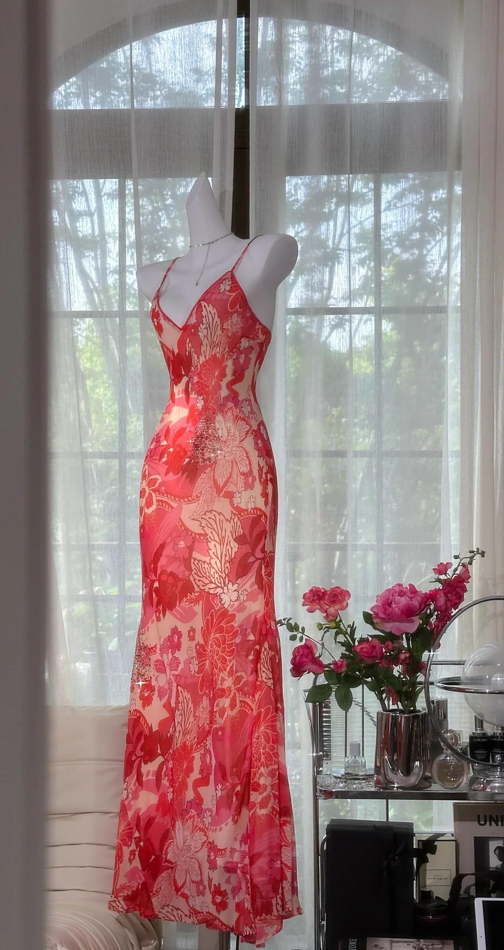 Gorgeous Red Spaghetti Straps Sheath Chiffon Beading Long Prom Dresses Vintage Evening Gowns ED02888