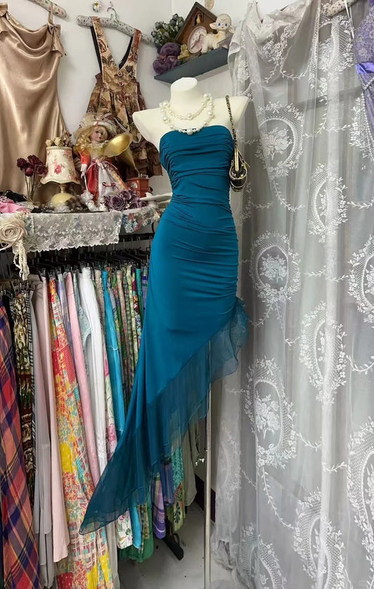 Elegant Dark Teal Strapless Sheath Satin Long Prom Dresses Formal Evening Gowns ED02889