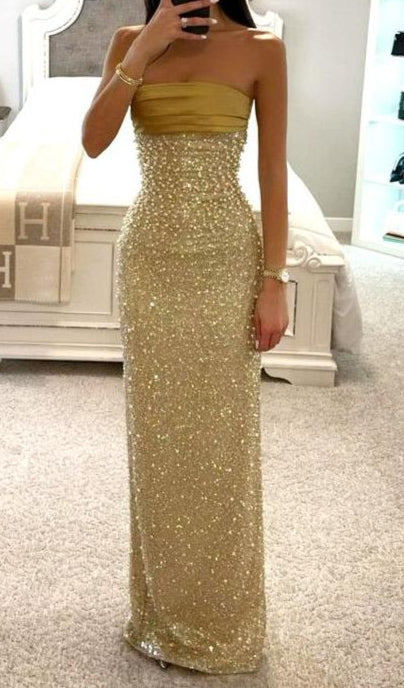Stunning Gold Strapless Sheath Beaded Satin Long Prom Dresses Formal Evening Gowns ED02890