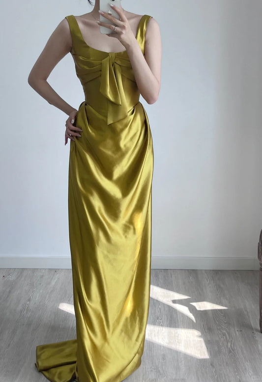 Elegant Yellow U Neck Sheath Satin Long Prom Dresses Formal Evening Gowns ED02891