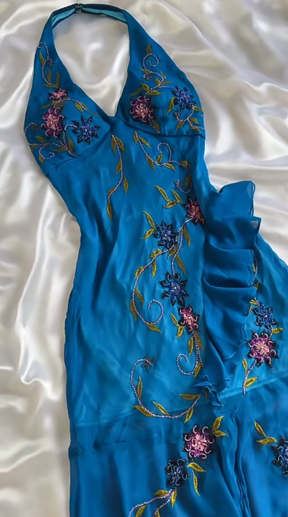 Gorgeous Blue Halter Mermaid Beaded Chiffon Short Vintage Evening Gowns ED02893