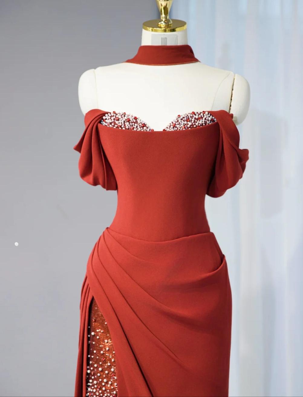 Elegant Burgundy Off-shoulder Sheath Chiffon Long Prom Dresses Formal Evening Gowns with Slits ED02896