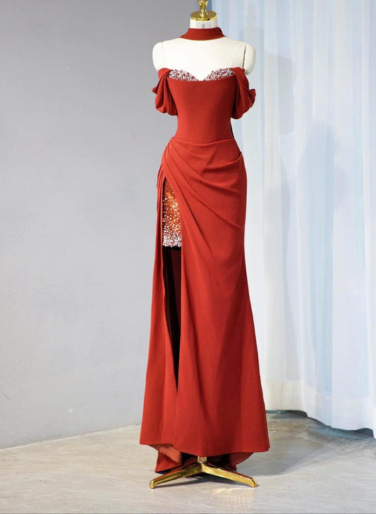 Elegant Burgundy Off-shoulder Sheath Chiffon Long Prom Dresses Formal Evening Gowns with Slits ED02896