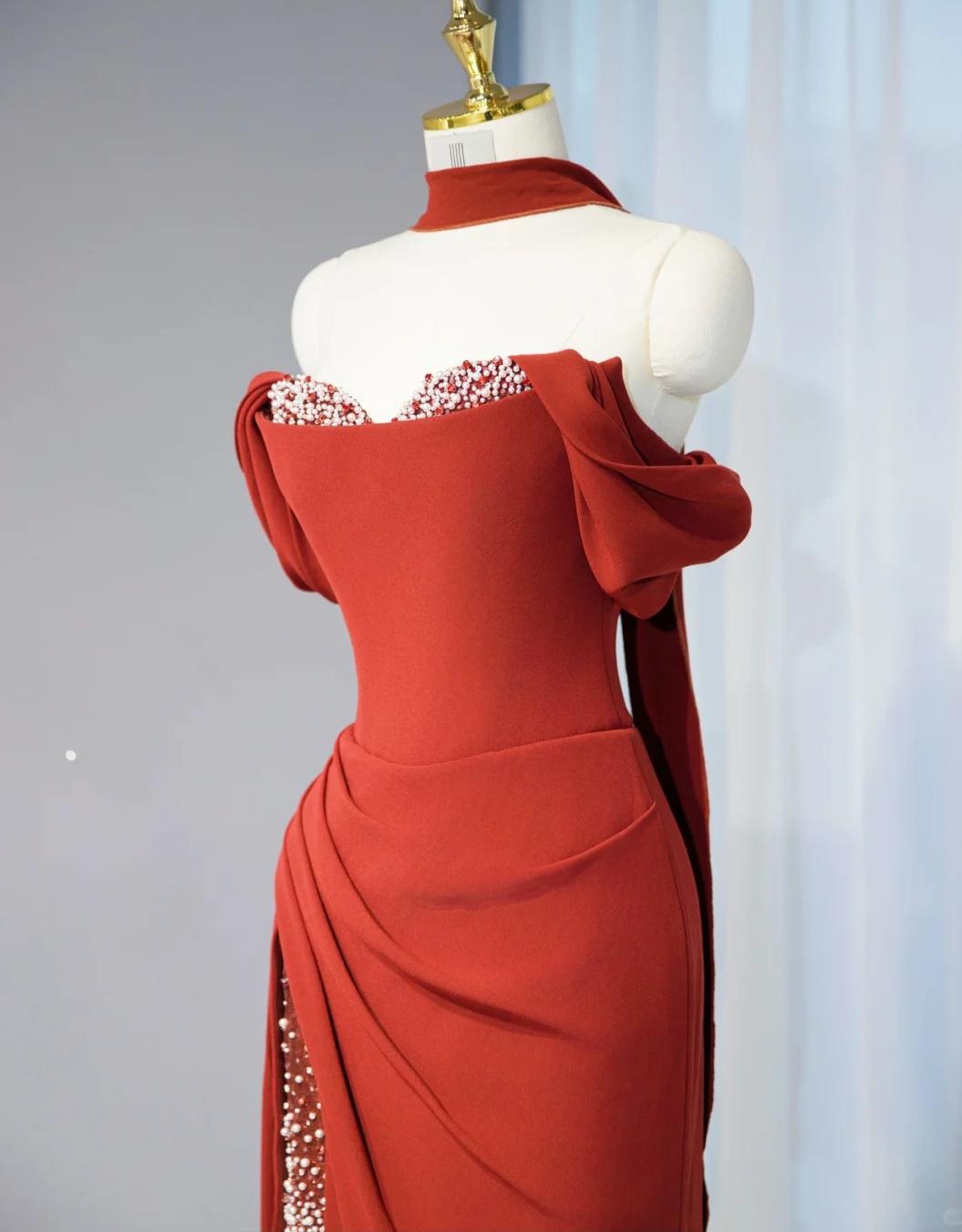 Elegant Burgundy Off-shoulder Sheath Chiffon Long Prom Dresses Formal Evening Gowns with Slits ED02896