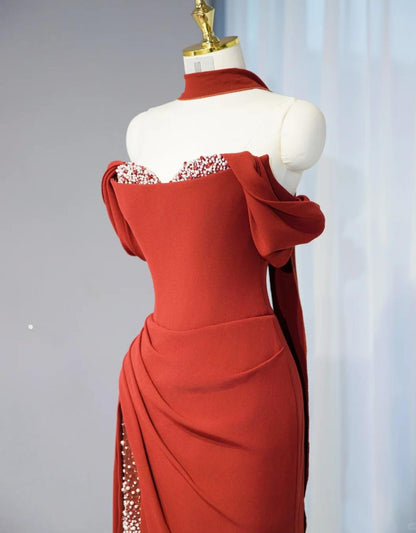 Elegant Burgundy Off-shoulder Sheath Chiffon Long Prom Dresses Formal Evening Gowns with Slits ED02896