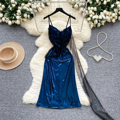 Fashion Navy Blue Spaghetti Straps Sheath Satin Short Party Dress for Birthday&Cocktail ED02902