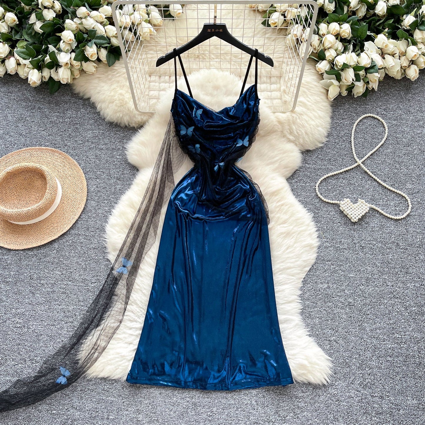 Fashion Navy Blue Spaghetti Straps Sheath Satin Short Party Dress for Birthday&Cocktail ED02902