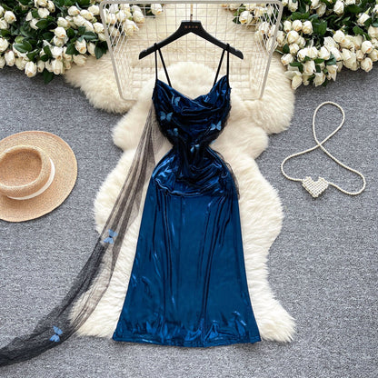 Fashion Navy Blue Spaghetti Straps Sheath Satin Short Party Dress for Birthday&Cocktail ED02902