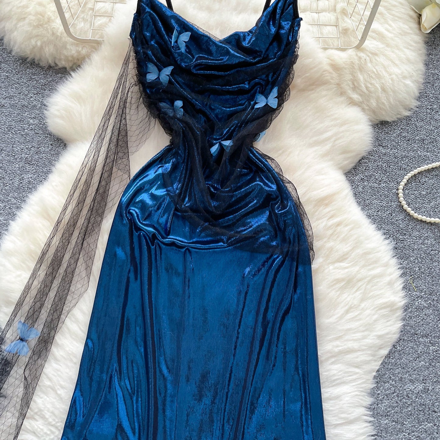 Fashion Navy Blue Spaghetti Straps Sheath Satin Short Party Dress for Birthday&Cocktail ED02902