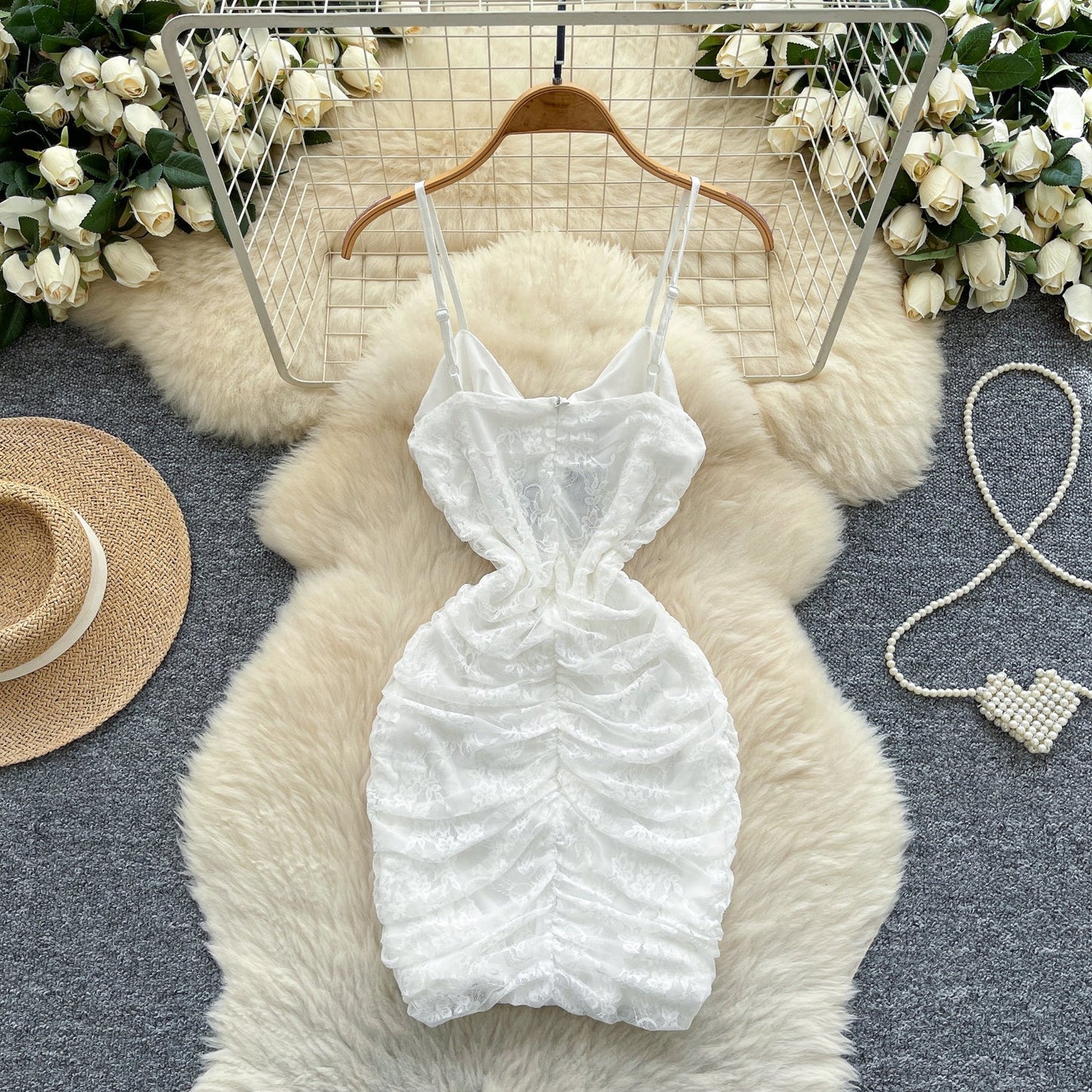 White Spaghetti Straps Bodycon Lace Short Party Dress Cocktail Dress ED02903