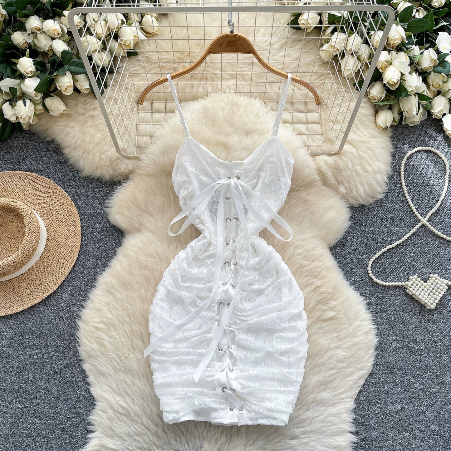 White Spaghetti Straps Bodycon Lace Short Party Dress Cocktail Dress ED02903