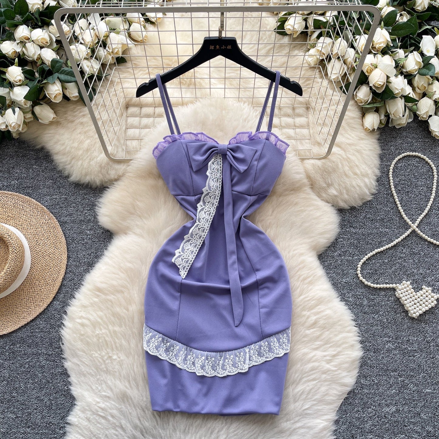 Sexy Purple Spaghetti Strap Bodycon Lace Short Party Dress ED02904