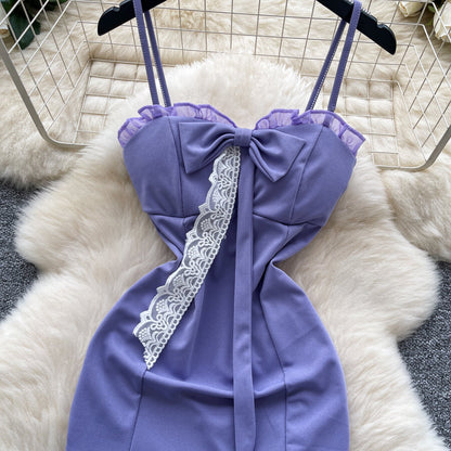 Sexy Purple Spaghetti Strap Bodycon Lace Short Party Dress ED02904