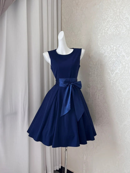 Sweetheart Navy Blue Round Neck A-Line Satin Short Birthday Party Dresses Homecoming Dresses with Bow ED02910