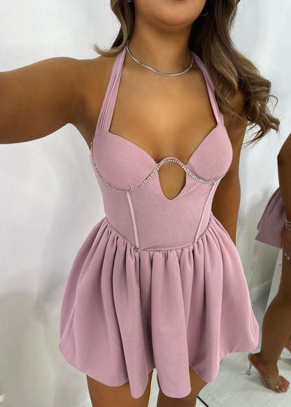 Sexy Gray-Pink Halter A-Line Satin Short Prom Dresses for Birthday Party ED02914