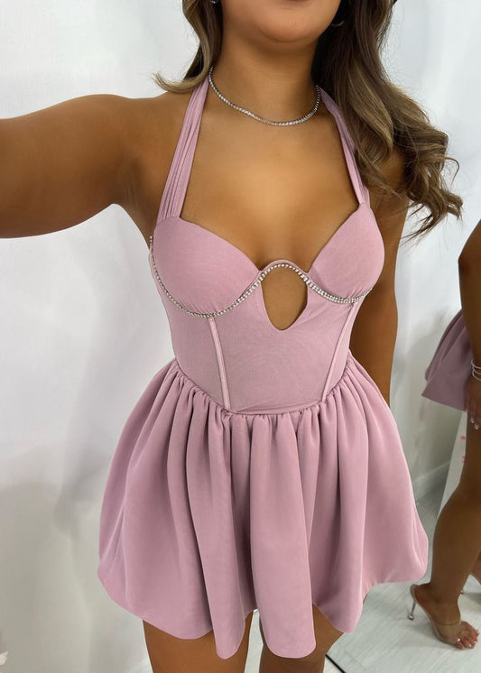 Sexy Gray-Pink Halter A-Line Satin Short Prom Dresses for Birthday Party ED02914