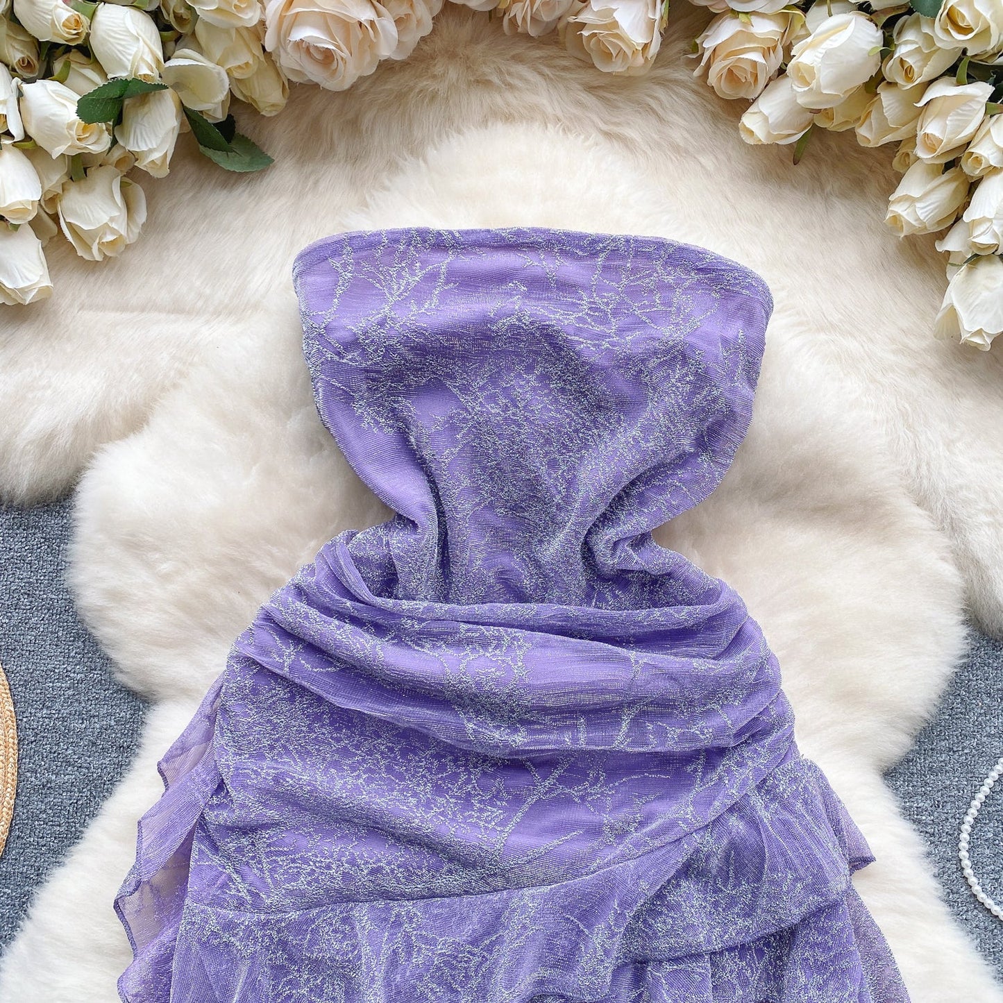 Stunning Purple Strapless Bodycon Chiffon Ruffle Short Cocktail Party Dress ED02919