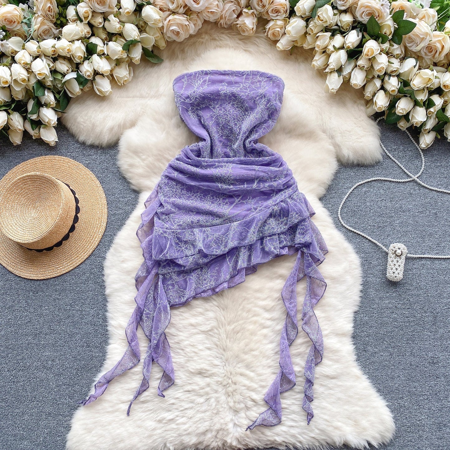 Stunning Purple Strapless Bodycon Chiffon Ruffle Short Cocktail Party Dress ED02919