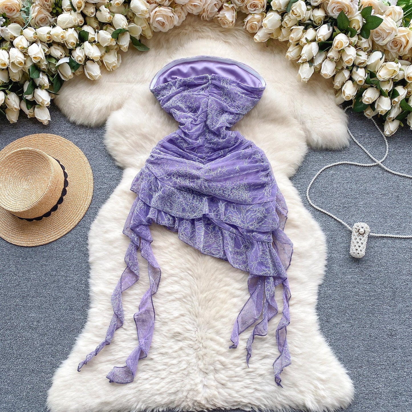 Stunning Purple Strapless Bodycon Chiffon Ruffle Short Cocktail Party Dress ED02919