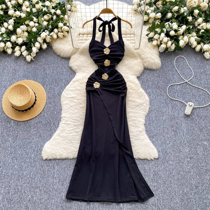 Elegant Black Halterneck Bodycon Satin Long Evening Gowns  ED02921