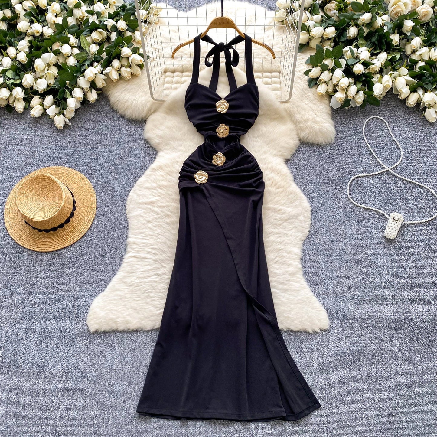 Elegant Black Halterneck Bodycon Satin Long Evening Gowns  ED02921