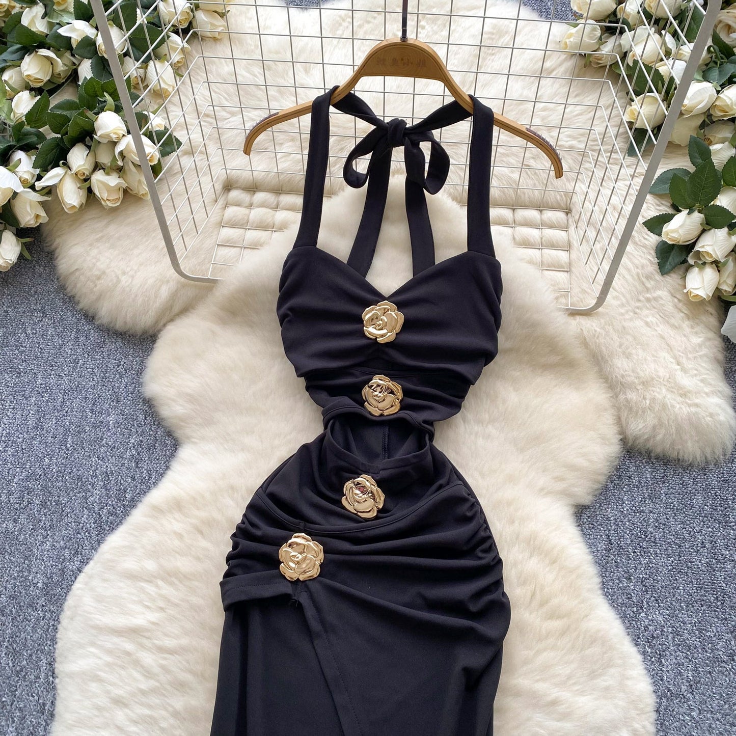 Elegant Black Halterneck Bodycon Satin Long Evening Gowns  ED02921